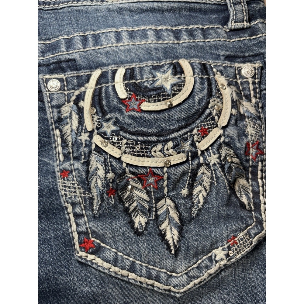 Grace in LA Embellished Patriotic Feather Pocket Jeans 32 Bootcut Y2K Raw Hem - Picture 9 of 16